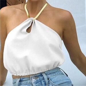 the bar x revolve gold chain halter neck white crop top size xs